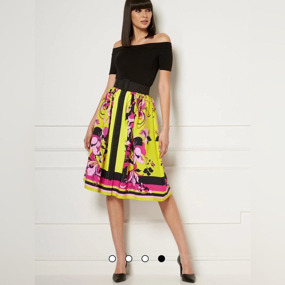 New York & Company Black and Yellow Floral A-Line Skirt